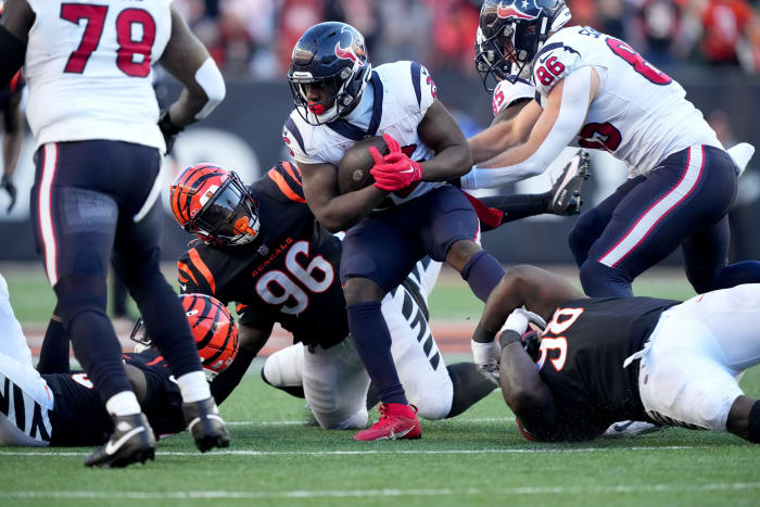 Singletary is tackled by Bengals defensive tackle DJ Reader in the fourth quarter of a Week 10 NFL football game between the Houston Texans and the Cincinnati Bengals,